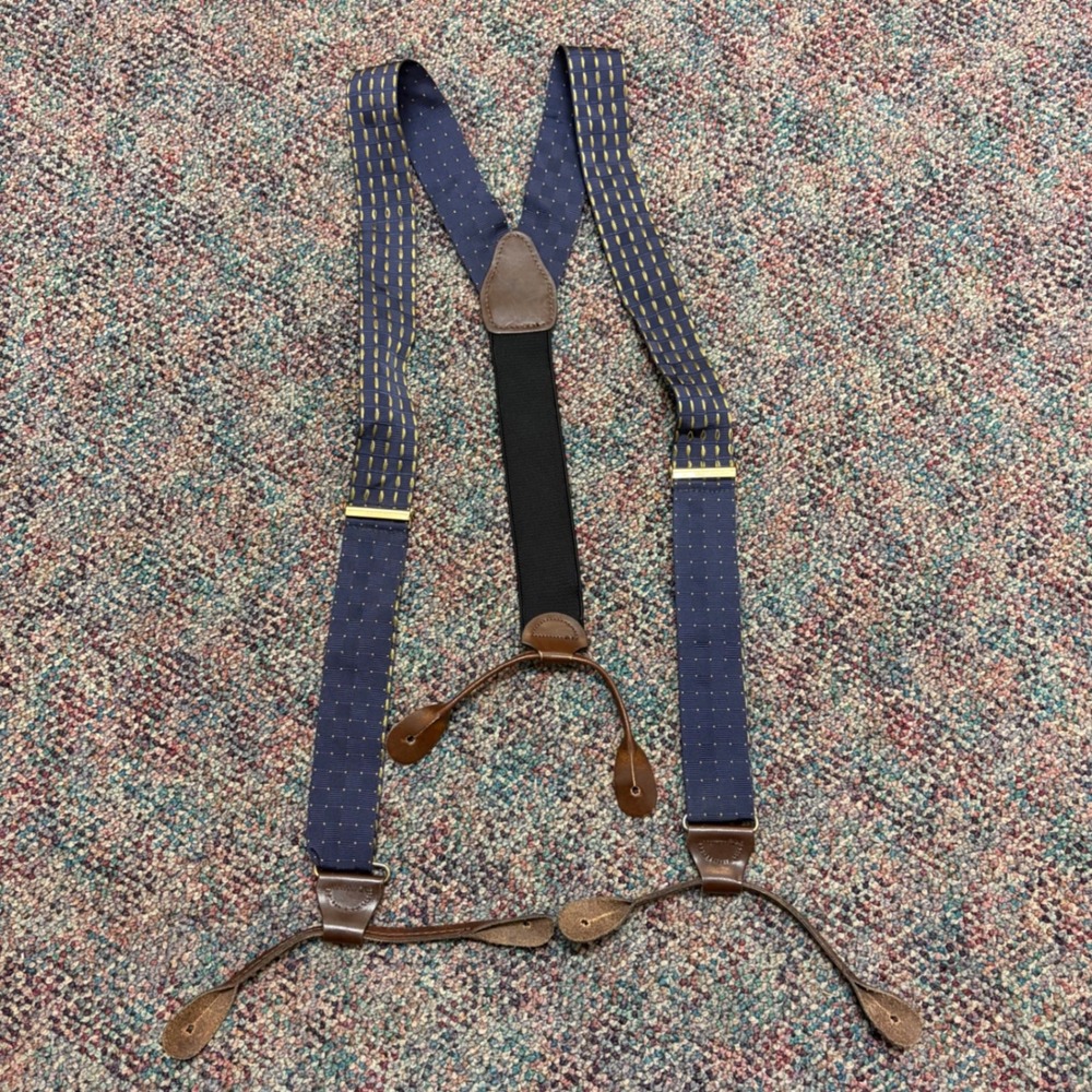 Mens Navy Blue Gold Dotted Suspenders Solid Brass Hardware Leather Button End